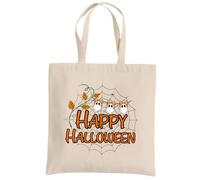 Be Buz Happy Halloween Spider Web Multicolor Tote Bag - Trick or Treat Cotton Reusable Bag for Halloween Natural, Black and Orange (Natural)