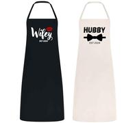 Be Buz Hubby Wifey Apron Set His and Her Aprons for Couples Bridal Shower Gift Wedding Gift for Newlyweds Cotton Material Black and Natural Matching Kitchen Aprons
