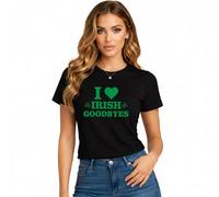 Be Buz I Love Irish Goodbyes Women’s T Shirt - Funny St Patrick’s Day Irish Shirt - Shamrock Graphic Heart Party Tee (UK, Alpha, M, Regular, Regular, Black)