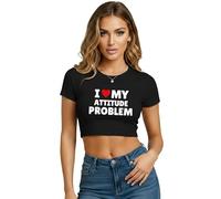 Be Buz I Love My Attitude Problem Women’s Crop Top - Funny Letter Print Summer Cropped T Shirt - Short Sleeve Fitted Baby Tee for Teens and Women (UK, Alpha, S, Regular, Regular, Black)