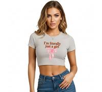Be Buz I'm Literally Just a Girl Women's Crop Top - Pink Bow Graphic Fitted Baby Tee - Summer Short Sleeve Cropped T Shirt for Women (UK, Alpha, XL, Regular, Regular, Stone)