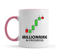 Be Buz Millionaire in Progress Coffee Mug - Stock Market Candlestick Chart Design - 11oz White Ceramic Funny Trader Gift for Investors (Pink Inside)