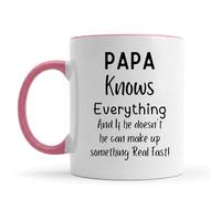 Be Buz Papa Knows Everything Custom Coffee Mug - Personalized Dad Grandpa Grandad Gift - 11oz Ceramic Tea Cup for Father's Day, Birthday or Christmas (Pink Rim and Handle)