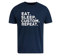 Be Buz Personalized Eat, Sleep, Custom Repeat T-Shirt Men's Cotton Tee Funny Gift for Him, Dad, Husband, Friend (UK, Alpha, M, Regular, Regular, Navy Blue)