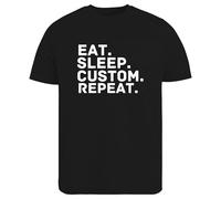 Be Buz Personalized Eat, Sleep, Custom Repeat T-Shirt Men's Cotton Tee Funny Gift for Him, Dad, Husband, Friend (UK, Alpha, S, Regular, Regular, Black)