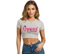 Be Buz Queef Queen Women’s Crop Top - Funny Graphic Fitted Cropped T Shirt - Trendy Statement Tee (UK, Alpha, S, XXL, Regular, Regular, Stone)
