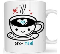 Be Buz Six-Tea 60th Birthday Mug - Funny 60 Years Old Tea Lover 11oz Ceramic Tea Cup - Birthday Gift for Women, Men, Dad, Friends, Coworkers (Six-Tea Mug)