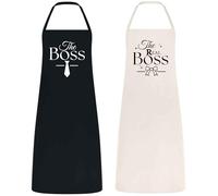 Be Buz The Boss and The Real Boss Couple Apron Set Cooking Aprons for Couples Wedding Gift for Newlyweds Bridal Shower Gift Cotton Material Black and Natural Matching Kitchen Aprons