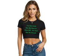 Be Buz Women's St. Patrick's Day White Crop Top - Funny I'm Not Irish But My Beer is Slim Fit Short Sleeve Lucky Shamrock Party Shirt (UK, Alpha, S, Regular, Regular, Black)