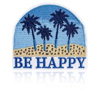 Be Happy Beach Patch, Palm Tree Sunset Landscape Embroidered Iron On/Sew On for Tote Bags, Backpacks, Hats, Journal, Vacation Vibes Badge for Beach Lovers, Travelers, Sunny Style, Resort Style Gift