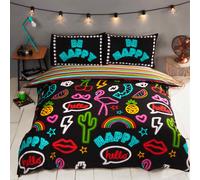 Rapport Double Duvet Cover Set | Black Neon Graffiti Striped Reversible Bedding | Soft Polycotton Blend | 200 x 200 cm Duvet & 2 Pillowcases | Funky Kids Teen Bedroom Decor