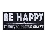 BE Happy Sew on Patch - Iron on Patches for Bikers, Rockers, Hipsters, influencers, Psychologists - Wildly Popular Applique for Jackets, Jeans, Backpacks, Hats, Shirts - 90x40 mm