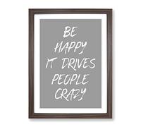 Be Happy Typography Quote Framed Print | A2 Walnut Framed Wall Art | Ready to Hang | Modern Positive Affirmations Picture | Living Room Bedroom Lounge Office
