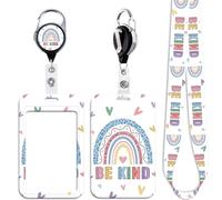 Be Kind Cute Card Holder Lanyard Rainbow Retractable Badge Reel Clip Love Heart Keychain Reel Lanyard for Women Girls Teachers Kids Nurses for ID Badge Keys Work & Preppy School ID Holder(White)