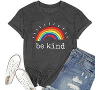 Be Kind Loose Fit Athletic Shirt for Women Rainbow Graphic Letter Printed Short Sleeve T Shirt Kindness Teacher Tee Tops, Dark Grey, Large