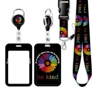 Be Kind Teachers ID Lanyard Card Holder with Heavy Duty Retractable Badge Holder Reel Clip Cute Flowers Neck Lanyard Strap for Women Men Nurses for ID Badge Keys Preppy School Reel ID Holder(Black)