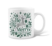 Be Merry Reindeer Holiday Quote Christmas Ceramic Coffee Mug 11oz | Pine Branches, Coffee Cup, Gift Boxes, Seasonal Ornaments, Winter Joy, Cozy Beverage, Table Decor