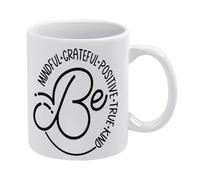 Be Mindful T-Shirt, Grateful, Positive, Kind, True White Ceramic Coffee Mug 11 Oz, Double-Sided Printed Tea Cup with Ergonomic C-Handle, Thickened Bottom Porcelain Drinkware for Home Office Kitchen, N