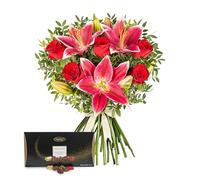 Be Mine - Fresh Flowers - Rhodos Roses, and watch as the budded Lilies unveil their stunning blooms- Fresh Flowers - Valentines Flower - Gifts for Her - Valentine Bouquet (+ Luxury Chocolates)