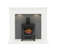 Be Modern Fontwell White Marble & Grey Herringbone Effect Freestanding Electric Stove Suite With Lights