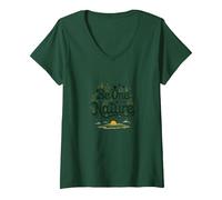 Be One with Nature: Rustic Floral Inspirational V-Neck T-Shirt, Women, Forest Green, S