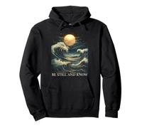 Be Still and Know Bible Faith Christian Blue Wave Full Moon Pullover Hoodie