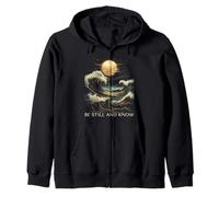 Be Still and Know Bible Faith Christian Blue Wave Full Moon Zip Hoodie
