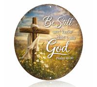 Be Still and Know Psalm 46:10 Metal Sign - Vintage Christian Cross Round Aluminum Wall Decor for Prayer Room Bedroom Living Room Church Office Meditation Space, 8x8 Inches (26072)