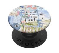 Be Still Blue Bow Coastal Christian Collage Scripture Quote PopSockets Adhesive PopGrip