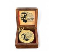 Be Strong and Courageous Brass Compass with Wooden Box - Antique Nautical Engraved Compass Religious Gift for Men & Women, Graduation, Baptism Confirmation Communion