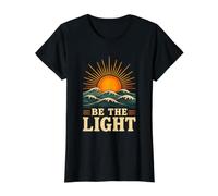 Be The Light Retro Ocean Waves Sunrise Positive Uplifting Value Graphic T-Shirt, Women, Black, S