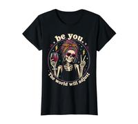 Be You, The World Will Adjust. Skull Messy Bun Value Graphic T-Shirt, Women, Black, S