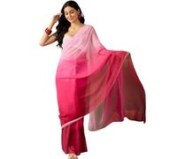BE4ME.COM 1 Minute Ready Printed Chiffon Saree for Women Pre-stitched Sari with Unstitched Blouse (White Pink)
