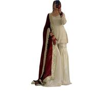 BE4ME.COM Designer Partywear Sharara Suit Kurti Set with Dupatta Embroidered Wedding Festive Ethnic Wear, Cream, Medium