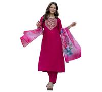 BE4ME.COM Modern Traditional Kurti Pant Dupatta Set Embroidered Ethnic Wear for Family Functions, Magenta, S