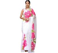 BE4ME.COM One Minute Draping Printed Chiffon Saree for Women ready to wear Pre-draped sari with Unstitched Blouse (White Pink Flower)