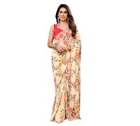 BE4ME.COM Ready to wear Saree, Pre-draped, Pre-stitched, 1 Min Ready, Floral Georgette with Unstitched Blouse (Beige)