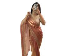 BE4ME.COM Trending Gold Two-Tone Fandy Silk Saree with Designer Border - Viral Insta Party Wear Sari (SPACE-PEACH)