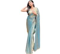 BE4ME.COM Trending Gold Two-Tone Fandy Silk Saree with Designer Border - Viral Insta Party Wear Sari (Sky Blue)
