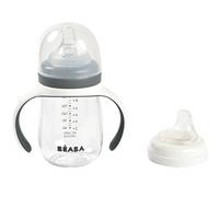 BEABA, 2 in 1 Bottle/Training Cup, Children's Straw Cup, 100% Leak-Proof, Easy to Open, Removable Handles, Tritan and Silicone, 210 ml, Mineral Grey