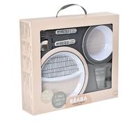 BEABA 4-Piece Melamine Mealtime Gift Set - Bowl, Plate, Cup, Cutlery - Pink Grid