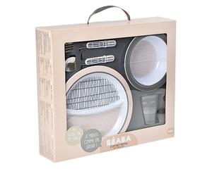 BEABA 4-Piece Melamine Mealtime Gift Set - Bowl, Plate, Cup, Cutlery - Pink Grid