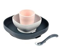 Béaba Baby Food Set Silicone Tableware with Suction Cup Non-Slip 4 Pieces Plate + Bowl + Glass + Spoon Healthy and Sustainable Silicone Dishwasher Safe Microwave Safe Night Blue