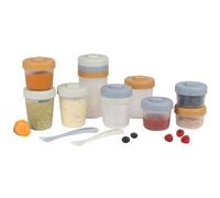 BÉABA, Baby Food Storage Set, 12 Containers + 2 Silicone Spoons, Pebble | 6 x 250 ml, 4 x 150 ml, 2 x 90 ml, First Stage, Stackable & Nestable, 100% Airtight, Graduated, Fridge & Freezer Safe