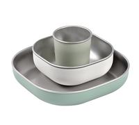 BEABA, Baby Led Weaning Set, Child Meal, Stainless Steel, 3 Pieces, Glass + 2 Plates, Microwave and Dishwasher Safe, Healthy, Sturdy, Lightweight, Unbreakable, Non-slip with Silicone Cover, Sage Green