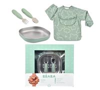 BÉABA Baby Meal Set - Complete Newborn Gift Set from 4 Months - Microwave-Safe Stainless Steel Plate, Ergonomic Cutlery, Sleeve Bib, Keepsake Box - Healthy and Sustainable Materials, Sage Green