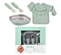 BÉABA Baby Meal Set - Complete Newborn Gift Set from 4 Months - Microwave-Safe Stainless Steel Plate, Ergonomic Cutlery, Sleeve Bib, Keepsake Box - Healthy and Sustainable Materials, Sage Green
