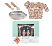 BÉABA Baby Meal Set - Complete Newborn Gift Set from 4 Months - Microwave-Safe Stainless Steel Plate, Ergonomic Cutlery, Sleeve Bib, Keepsake Box - Healthy and Sustainable Materials, Savannah Bloom