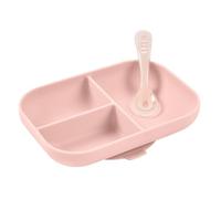 Béaba - Baby Suction Plate - Silicone Divided Plate with Suction Cup + Silicone Spoon - Sticks to the table/high chair Tray - Microwave safe - Toddler Meal Set - Pink