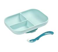 Beaba 2 Piece Compartment Baby Plate Set Silicone Blue Dinner Meal Bowl Spoon